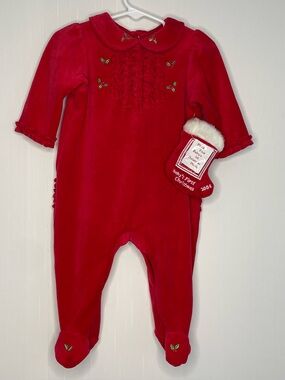 VTG Bright Future Red Velour Christmas Footie Romper 6-9M